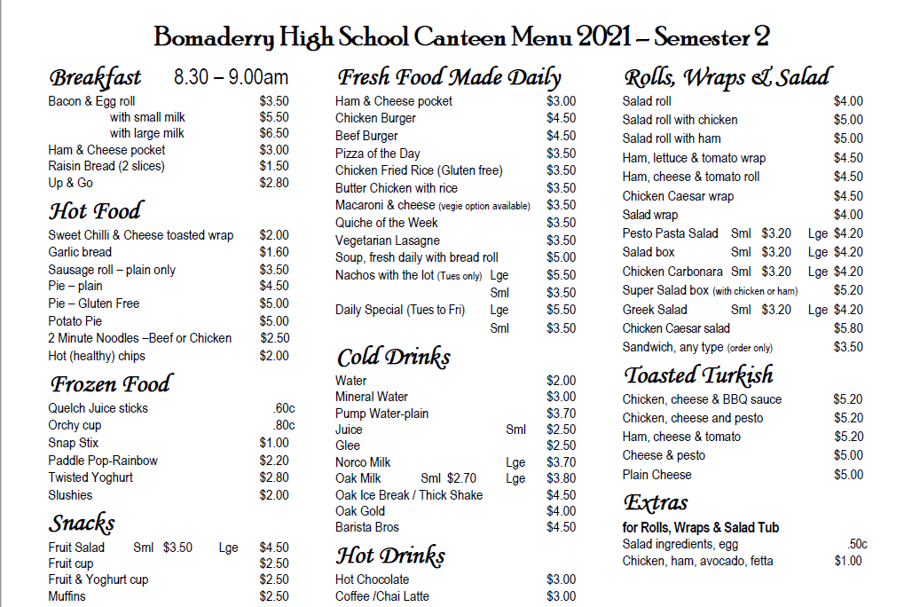 Canteen Menu - Bomaderry High School
